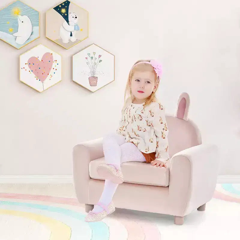 Canapé Enfant Fauteuil Enfant avec Construction Robuste en Bois et Lapin Rose en Velours Hollandais