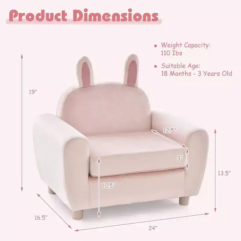 Canapé Enfant Fauteuil Enfant avec Construction Robuste en Bois et Lapin Rose en Velours Hollandais