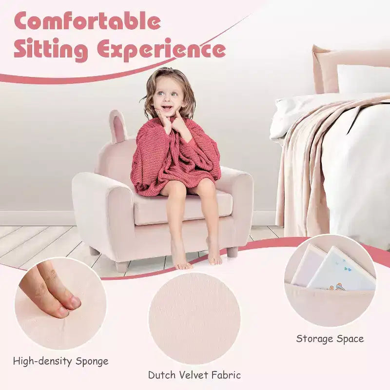 Canapé Enfant Fauteuil Enfant avec Construction Robuste en Bois et Lapin Rose en Velours Hollandais