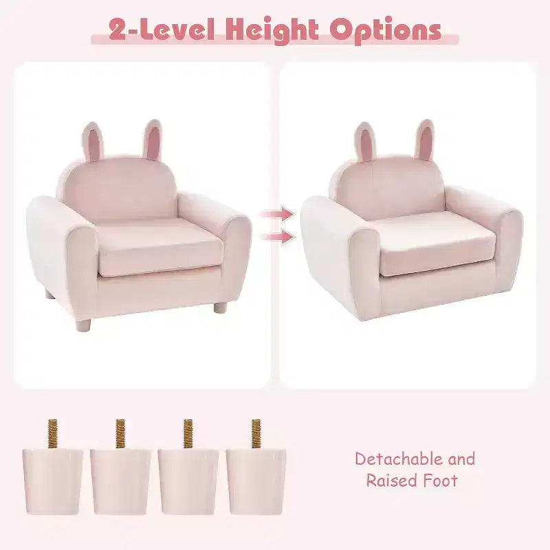 Canapé Enfant Fauteuil Enfant avec Construction Robuste en Bois et Lapin Rose en Velours Hollandais