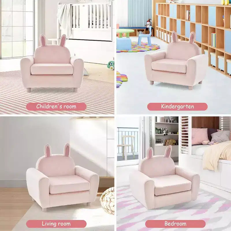 Canapé Enfant Fauteuil Enfant avec Construction Robuste en Bois et Lapin Rose en Velours Hollandais