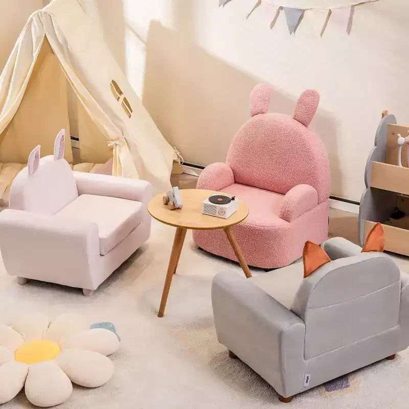 Canapé Enfant Fauteuil Enfant avec Construction Robuste en Bois et Lapin Rose en Velours Hollandais