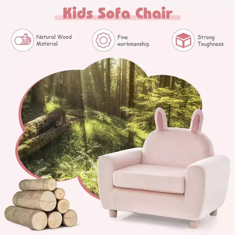 Canapé Enfant Fauteuil Enfant avec Construction Robuste en Bois et Lapin Rose en Velours Hollandais