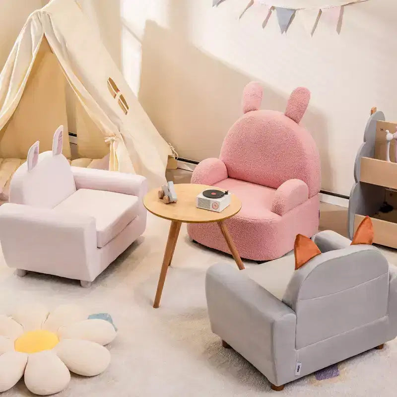 Canapé Enfant Fauteuil Enfant avec Construction Robuste en Bois et Lapin Rose en Velours Hollandais
