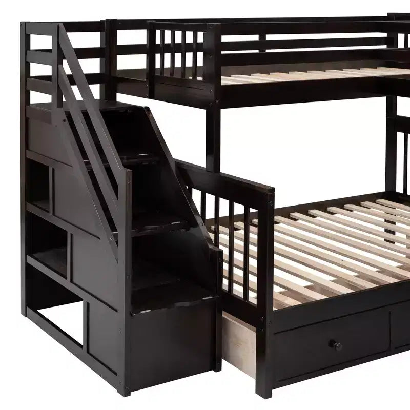 Lit superposé en L au design moderne, double sur grand format, avec 3 tiroirs, bureau portable et armoire