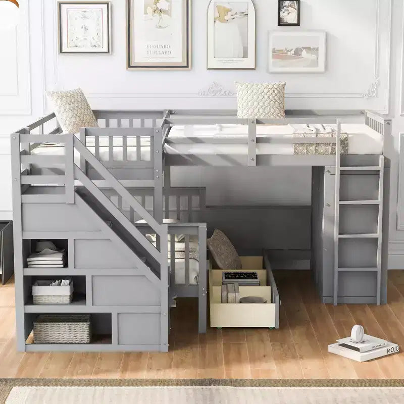 Lit superposé en L au design moderne, double sur grand format, avec 3 tiroirs, bureau portable et armoire