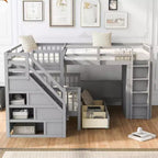 Lit superposé en L au design moderne, double sur grand format, avec 3 tiroirs, bureau portable et armoire