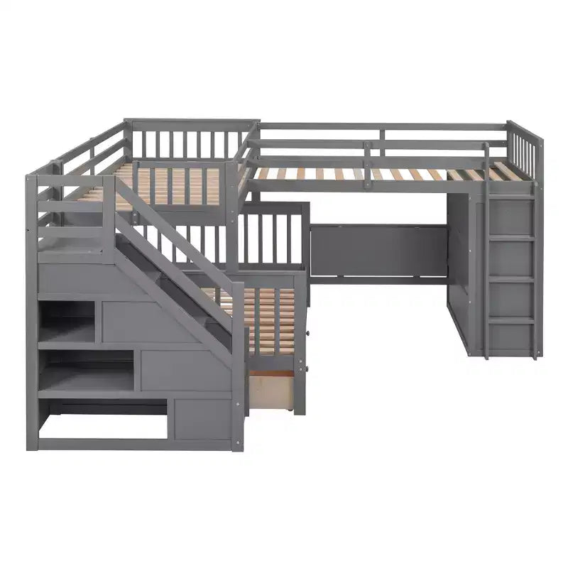 Lit superposé en L au design moderne, double sur grand format, avec 3 tiroirs, bureau portable et armoire