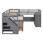 Lit superposé en L au design moderne, double sur grand format, avec 3 tiroirs, bureau portable et armoire