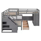 Lit superposé en L au design moderne, double sur grand format, avec 3 tiroirs, bureau portable et armoire