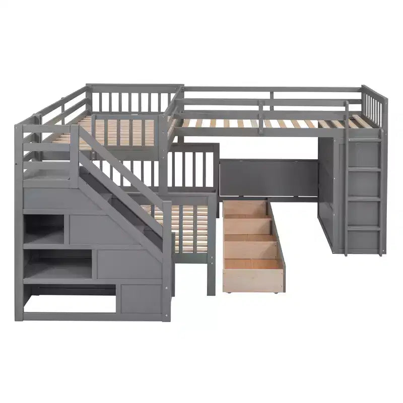 Lit superposé en L au design moderne, double sur grand format, avec 3 tiroirs, bureau portable et armoire