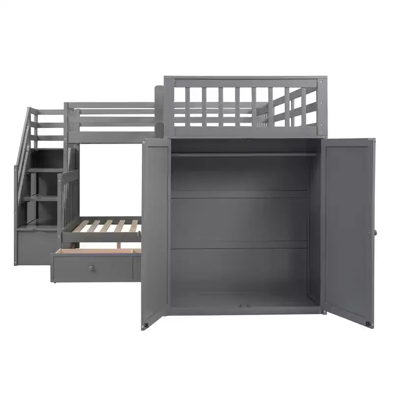 Lit superposé en L au design moderne, double sur grand format, avec 3 tiroirs, bureau portable et armoire