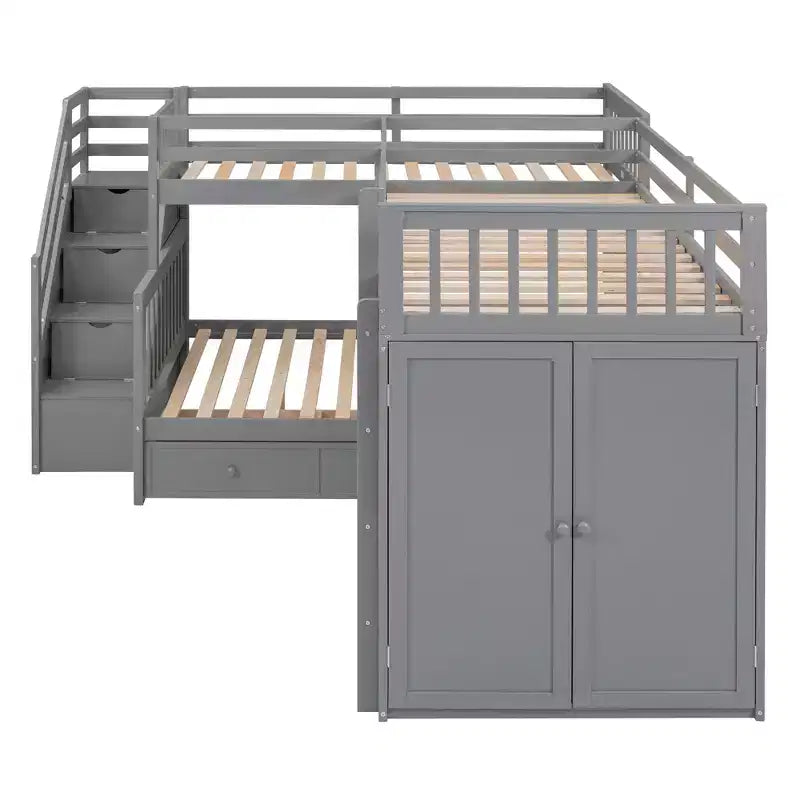 Lit superposé en L au design moderne, double sur grand format, avec 3 tiroirs, bureau portable et armoire