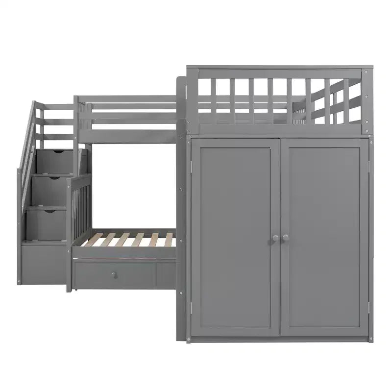 Lit superposé en L au design moderne, double sur grand format, avec 3 tiroirs, bureau portable et armoire
