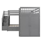 Lit superposé en L au design moderne, double sur grand format, avec 3 tiroirs, bureau portable et armoire