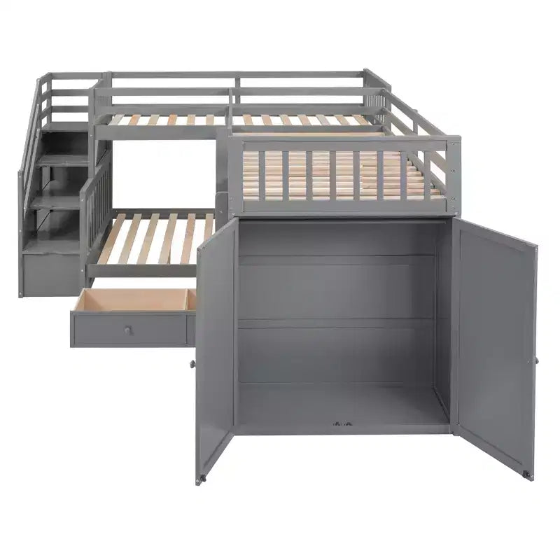 Lit superposé en L au design moderne, double sur grand format, avec 3 tiroirs, bureau portable et armoire