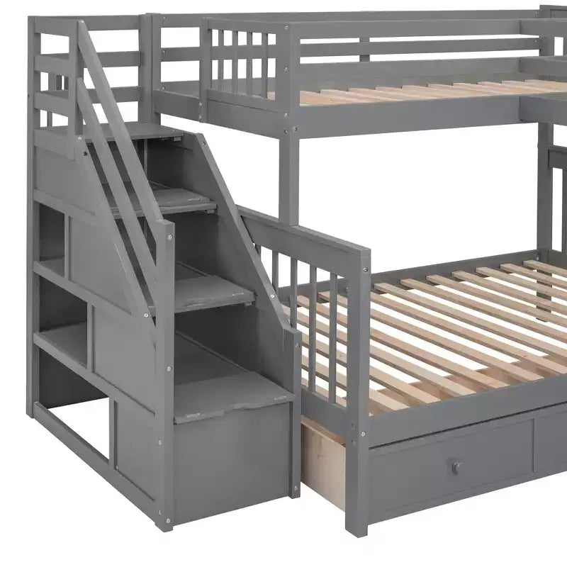 Lit superposé en L au design moderne, double sur grand format, avec 3 tiroirs, bureau portable et armoire