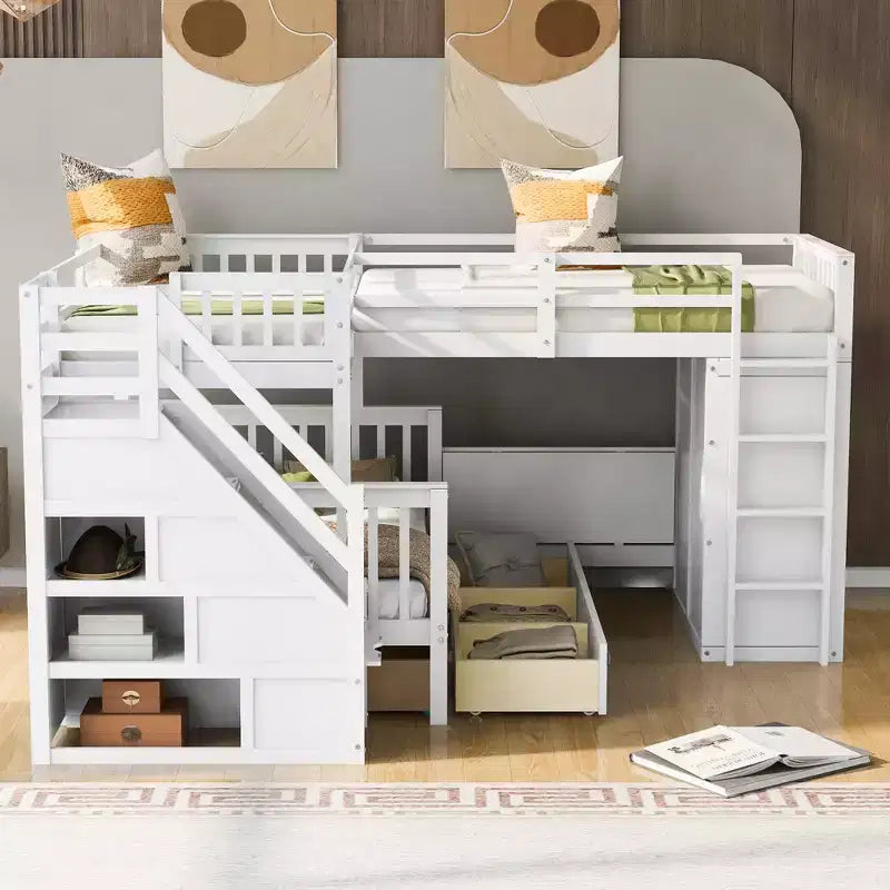 Lit superposé en L au design moderne, double sur grand format, avec 3 tiroirs, bureau portable et armoire