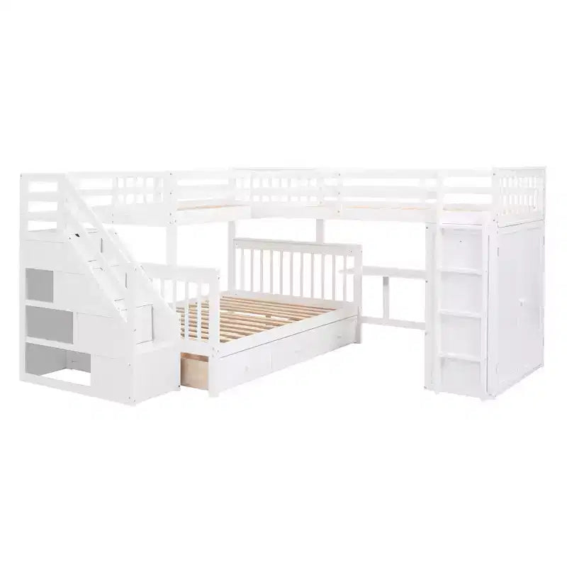 Lit superposé en L au design moderne, double sur grand format, avec 3 tiroirs, bureau portable et armoire