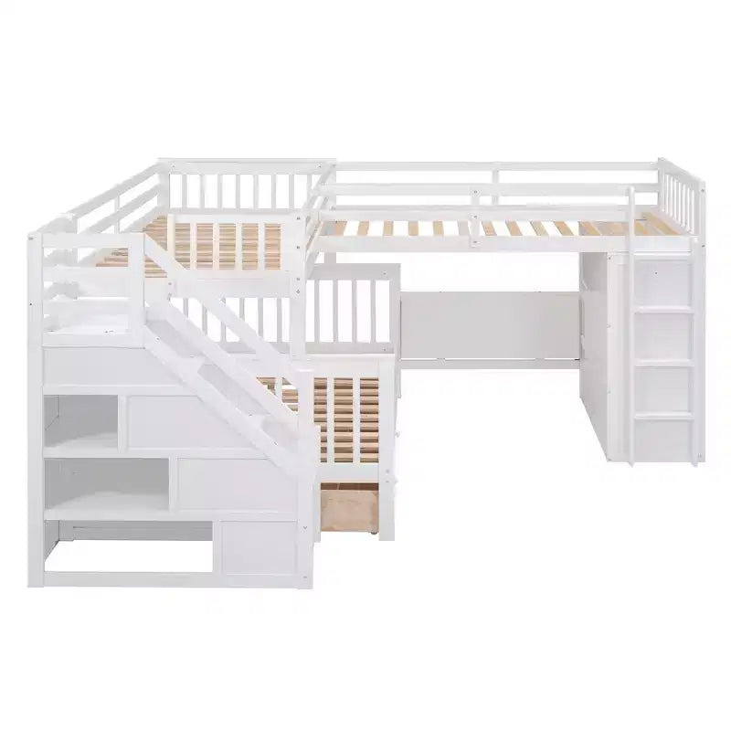 Lit superposé en L au design moderne, double sur grand format, avec 3 tiroirs, bureau portable et armoire