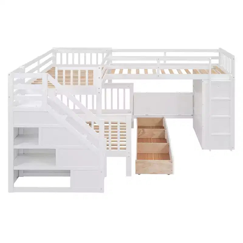 Lit superposé en L au design moderne, double sur grand format, avec 3 tiroirs, bureau portable et armoire