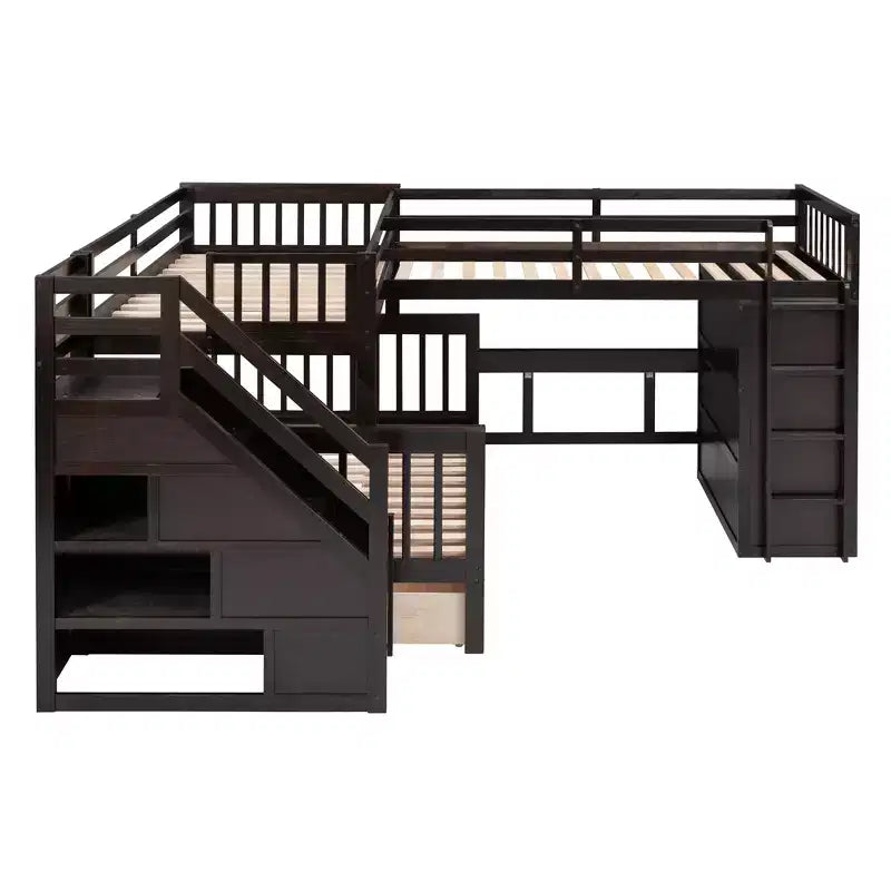 Lit superposé en L au design moderne, double sur grand format, avec 3 tiroirs, bureau portable et armoire