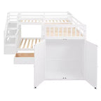 Lit superposé en L au design moderne, double sur grand format, avec 3 tiroirs, bureau portable et armoire