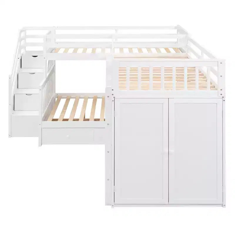 Lit superposé en L au design moderne, double sur grand format, avec 3 tiroirs, bureau portable et armoire