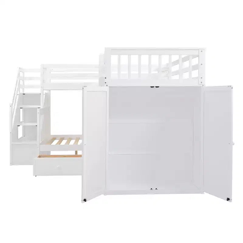 Lit superposé en L au design moderne, double sur grand format, avec 3 tiroirs, bureau portable et armoire