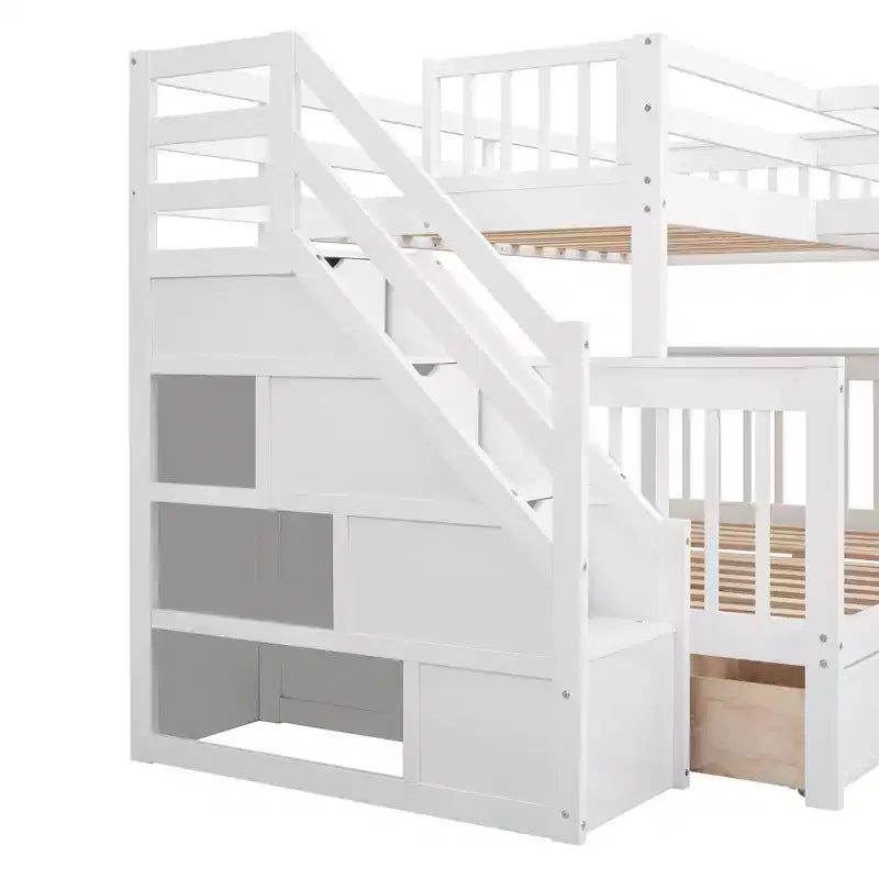Lit superposé en L au design moderne, double sur grand format, avec 3 tiroirs, bureau portable et armoire
