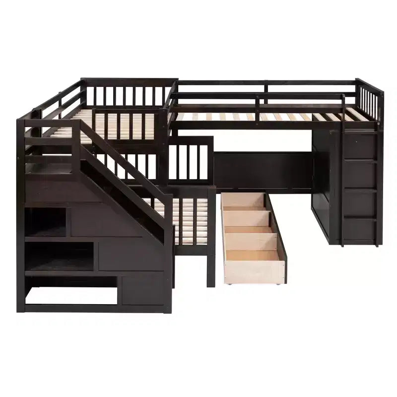 Lit superposé en L au design moderne, double sur grand format, avec 3 tiroirs, bureau portable et armoire