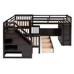 Lit superposé en L au design moderne, double sur grand format, avec 3 tiroirs, bureau portable et armoire