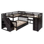 Lit superposé en L au design moderne, double sur grand format, avec 3 tiroirs, bureau portable et armoire