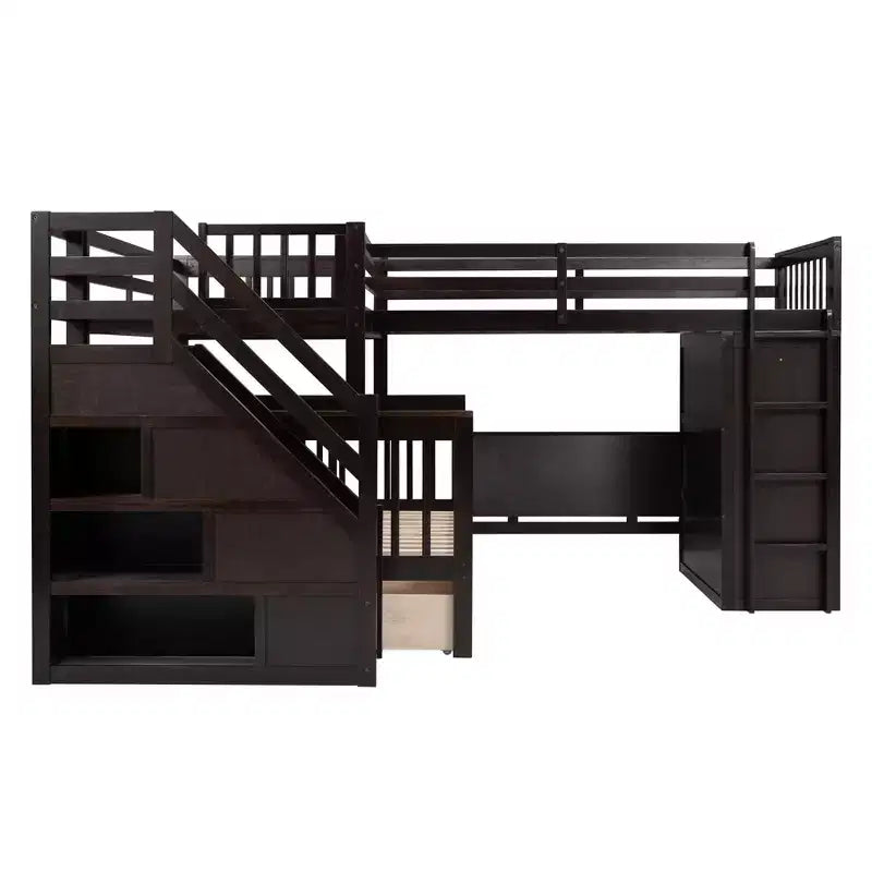 Lit superposé en L au design moderne, double sur grand format, avec 3 tiroirs, bureau portable et armoire