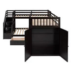 Lit superposé en L au design moderne, double sur grand format, avec 3 tiroirs, bureau portable et armoire