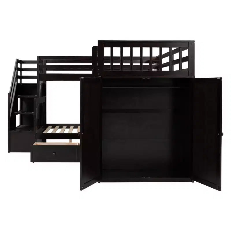 Lit superposé en L au design moderne, double sur grand format, avec 3 tiroirs, bureau portable et armoire