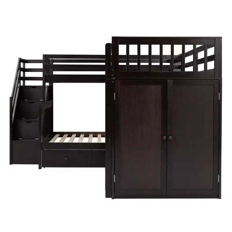Lit superposé en L au design moderne, double sur grand format, avec 3 tiroirs, bureau portable et armoire