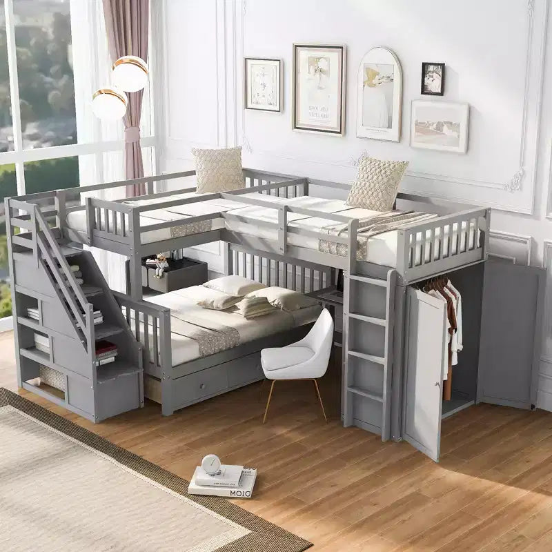 Lit superposé en L au design moderne, double sur grand format, avec 3 tiroirs, bureau portable et armoire