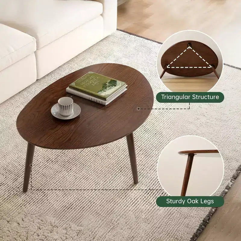 Table basse ovale en bois de chêne massif Mid-Century Modern de 85 cm de large avec trois pieds