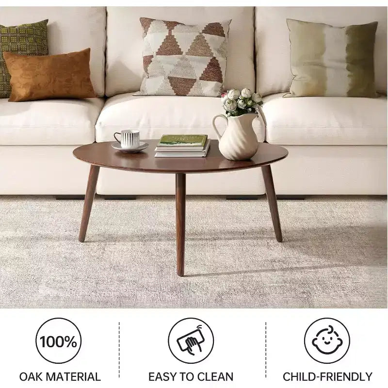 Table basse ovale en bois de chêne massif Mid-Century Modern de 85 cm de large avec trois pieds
