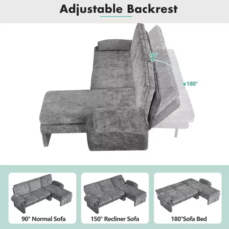 Canapé-lit futon convertible 94W avec dossier réglable, méridienne réversible et accoudoirs amovibles, beige/gris