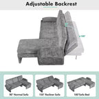 Canapé-lit futon convertible 94W avec dossier réglable, méridienne réversible et accoudoirs amovibles, beige/gris