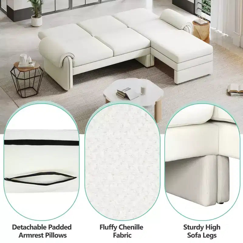 Canapé-lit futon convertible 94W avec dossier réglable, méridienne réversible et accoudoirs amovibles, beige/gris