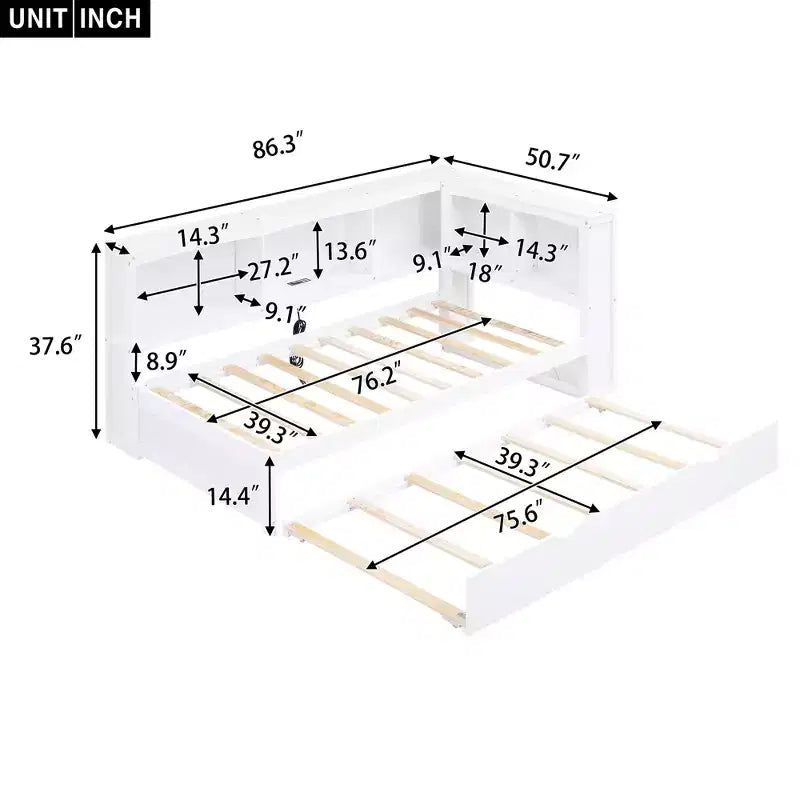 Lit de repos double au design moderne avec lit gigogne, armoires de rangement et ports USB
