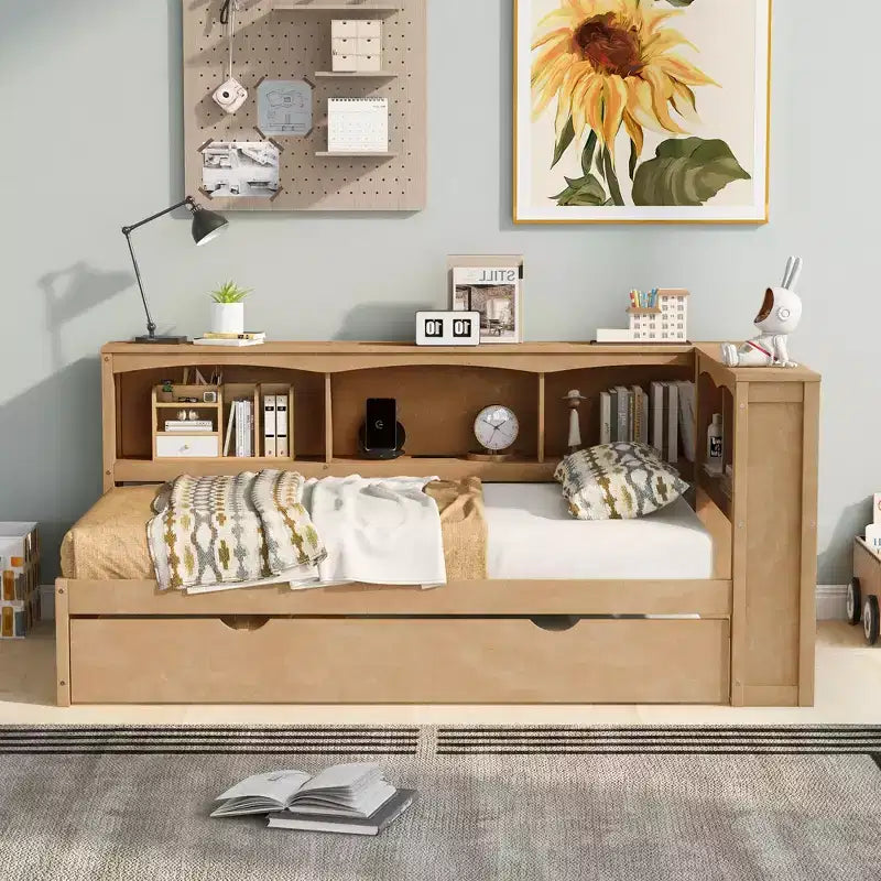 Lit de repos double au design moderne avec lit gigogne, armoires de rangement et ports USB