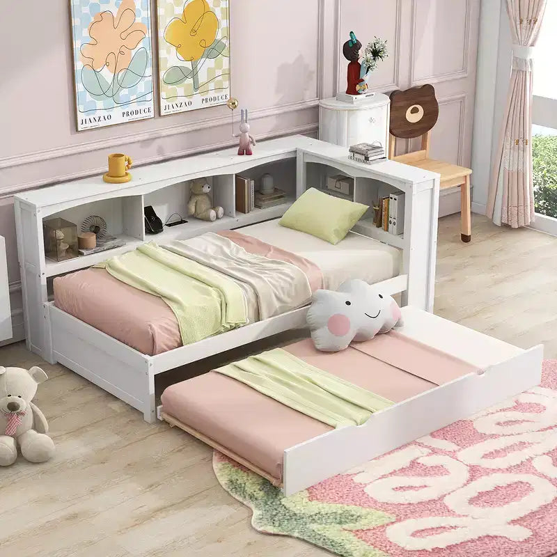 Lit de repos double au design moderne avec lit gigogne, armoires de rangement et ports USB