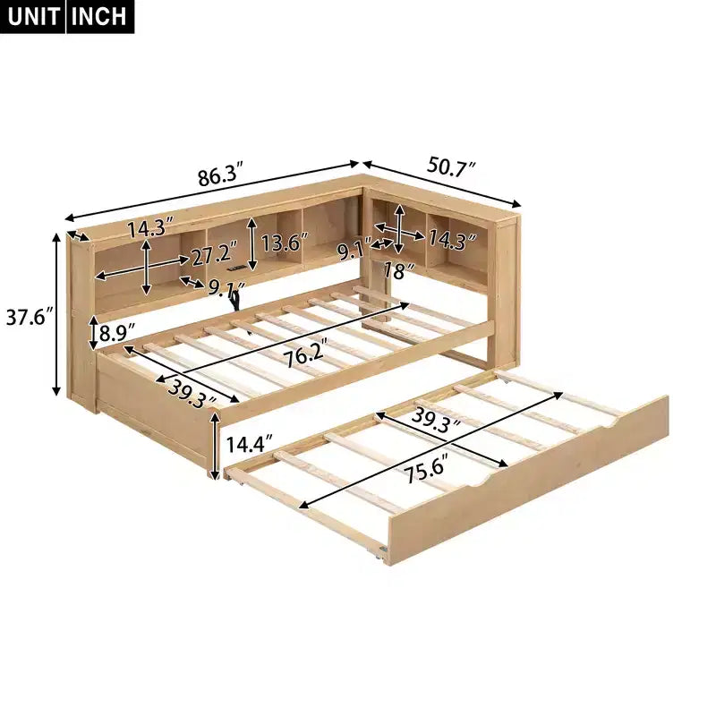 Lit de repos double au design moderne avec lit gigogne, armoires de rangement et ports USB