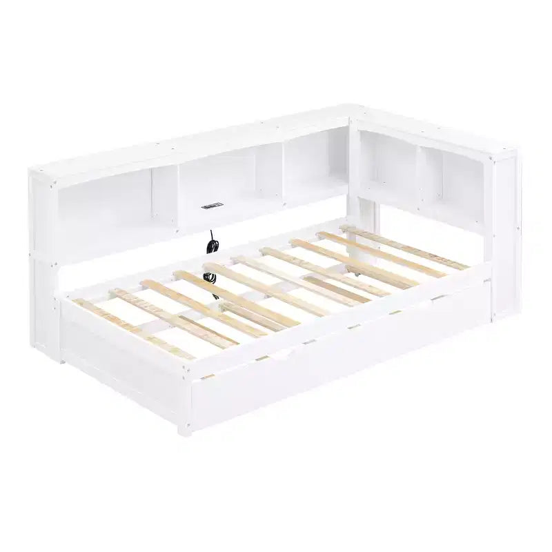 Lit de repos double au design moderne avec lit gigogne, armoires de rangement et ports USB