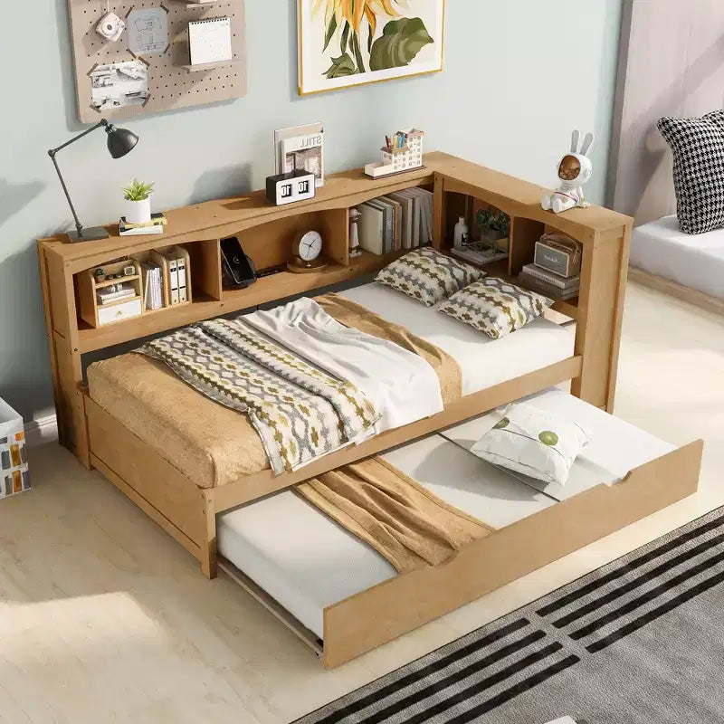 Lit de repos double au design moderne avec lit gigogne, armoires de rangement et ports USB