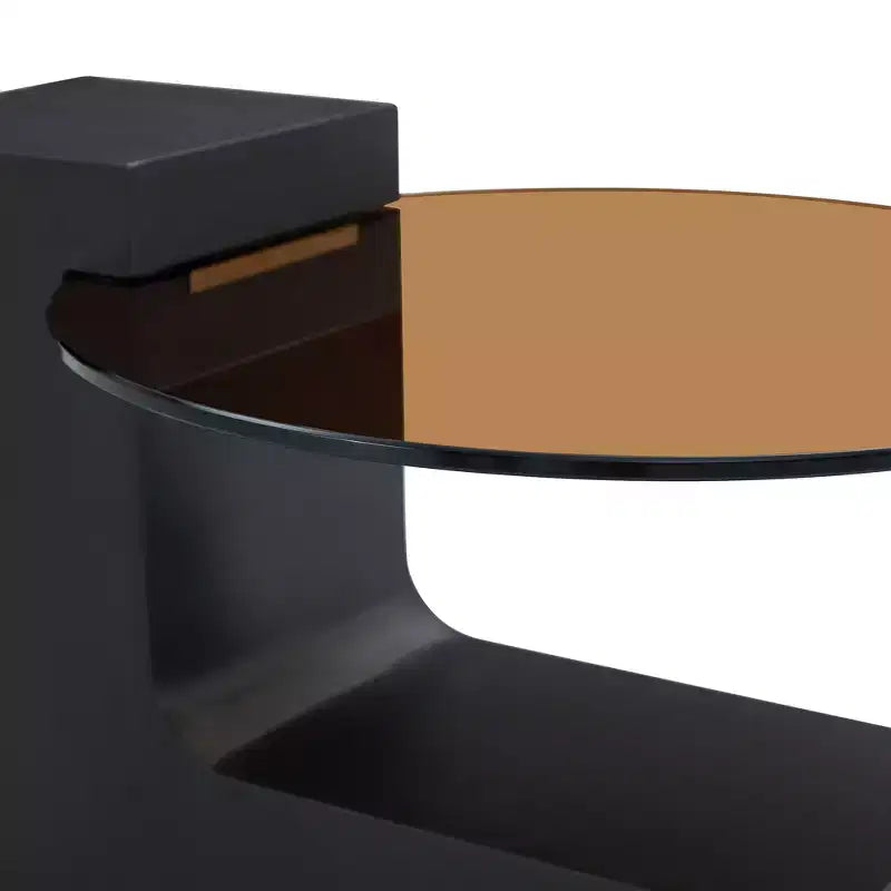Table basse gigogne ronde, Table d'appoint, Table basse avec plateau en verre transparent et pieds en forme de L, Blanc/Marron+Noir